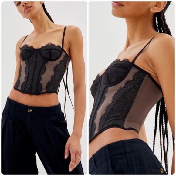 Urban Outfitters OUT FROM UNDER Modern Love Corset Top Black Lace Boned Size L - Picture 1 of 10